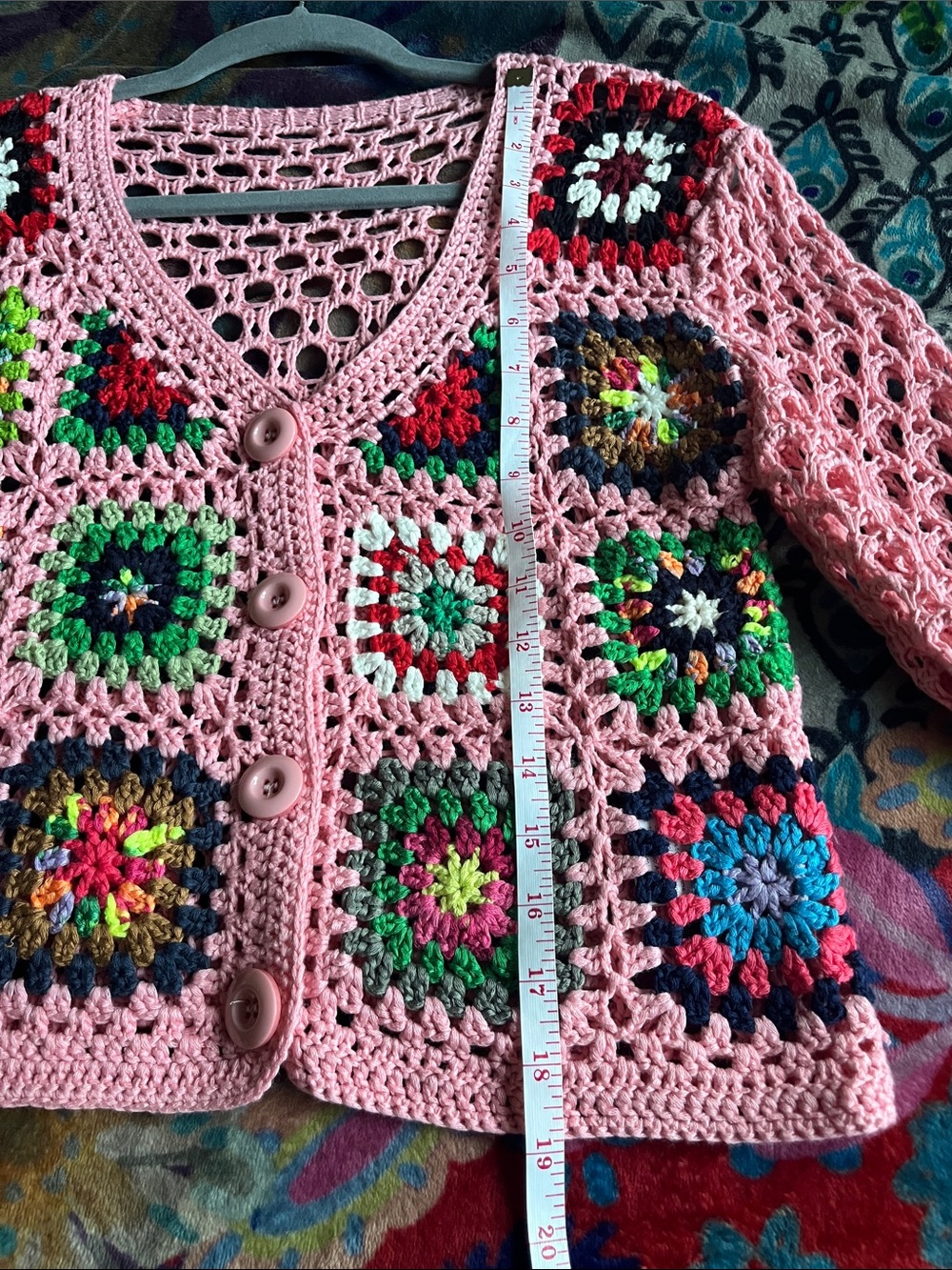 Boho Acrylic Pink Crochet Granny-Square Button Cardigan Sweater Size Small - Picture 9 of 9